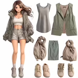 the doll has two sets of clothes, and three accessories