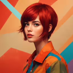 a person with red hair has short red hair and wears a yellow shirt,a woman with red hair with orange shirt and a multi - colored wall in the background