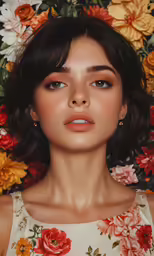 a close up of a woman surrounded by flowers