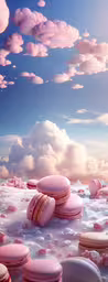 a painting of clouds with some pink macaroons stacked on it,several pink macarons stacked on the ground with clouds in the background