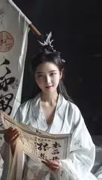 an asian woman in traditional dress is reading a newspaper,a woman holding up a japanese newspaper in her hand