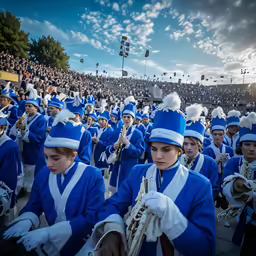 group of women in bright blue uniforms on the field with a crowd watching