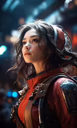 the character is an asian female with large breast and huge head, standing in the spotlight