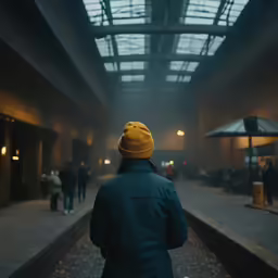 a man looking at the ceiling of a station