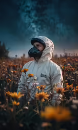 a person wearing a white jacket and black hoodie in the middle of a sunflower field