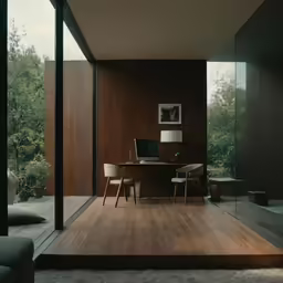 an office sits on top of a wooden floor