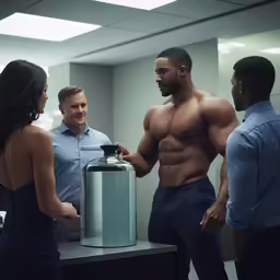 a woman is presenting a muscular man something