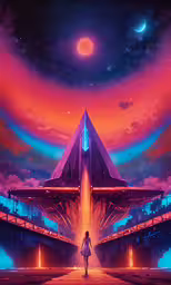 a futuristic city in the background with an alien hovering over,an animation scene of a man walking towards a huge pyramid