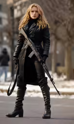woman with guns in winter outfit walking on street