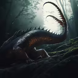 a large dragon with its mouth open sitting on the ground