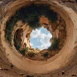 a fish eye view of a rock formation with a view of the sky