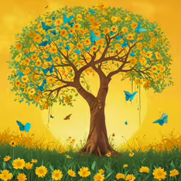a tree with bright yellow flowers and green leaves in a yellow field,a painting of a tree with sunflowers and butterflies