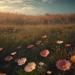 a field of flowers is shown during a sunny day