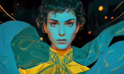 a very close up image of a young person wearing a blue and yellow outfit