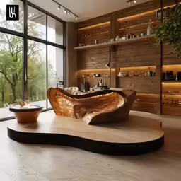 a room with an unusual sculpture and a wooden wall