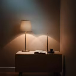 a table lamp and a book on it, lit up by a light