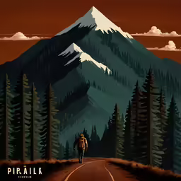 a person is walking down the road near a mountain