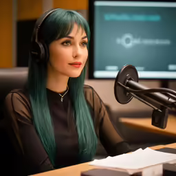 a woman with green hair sitting in front of a computer