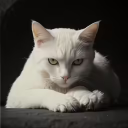 a white cat laying down with its paws folded open