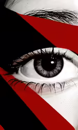 the image is close up, of a persons eye with makeup painted black and red diagonals and white strips on the eyes