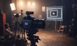 a video camera set up in front of a camera on a tripod