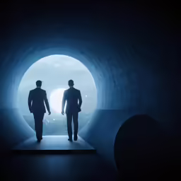 two people stand at the end of a tunnel with light coming through