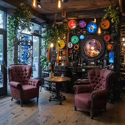 a couple of brown chairs are next to some large pots