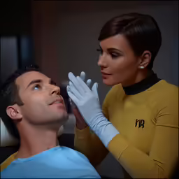 a man getting his hand painted in a star trek uniform