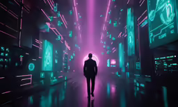 man walking through a tunnel filled with neon lights