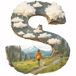 a poster that has a woman walking in the air