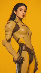 a woman wearing an outfit and holding a gun