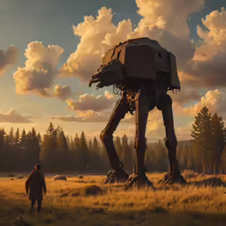 two people standing in a field near a large robot