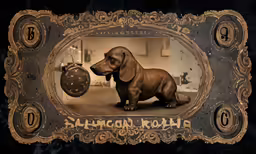 a dachshund dog with an oval frame and numbers