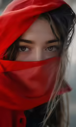 the woman with a red scarf is staring into the camera