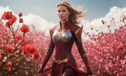 the captain comics movie characters in costumes standing near red flowers