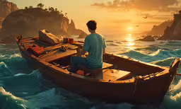 a man sits in a small boat at sunset,a man is sitting in the small boat