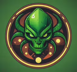 an alien is in the middle of a circle with a ball and a hammer on it,an image of an alien with an electronic device