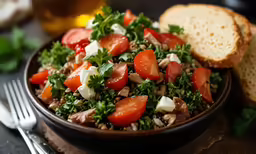 a bowl of salad next to some bread and a cup