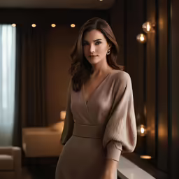 an attractive woman standing next to a window