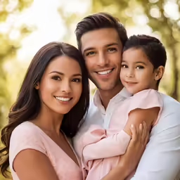 a young man and woman hold their son in the woods