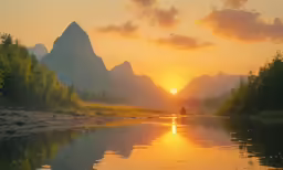 the sun is setting over a river near some mountains