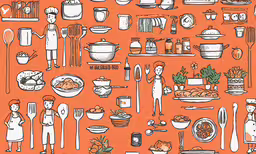 a picture with an orange background with different items of food and people,a picture of some people in different types of cooking utensils