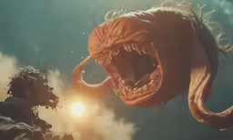 an illustration of a demon attacking a girl in a scificent environment