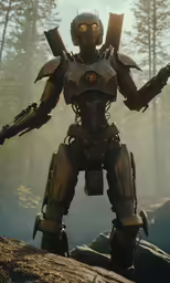 a robot robot standing on a rock holding two weapons