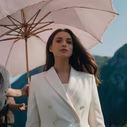 a woman in white clothes is standing near a mountain