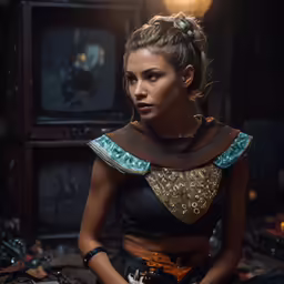 a beautiful young woman sitting down while wearing an egyptian costume