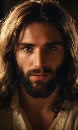 a man with long hair and beard standing with his eyes open