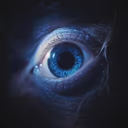 a close up of an eye with water droplets around it