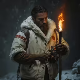 the man with the hooded coat is holding something on his finger
