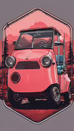 an orange car is sitting in a pink background,pink van with trees and mountains in the background